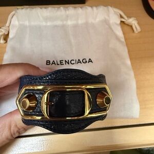 Balenciaga Navy Leather Bracelet with Gold Buckle